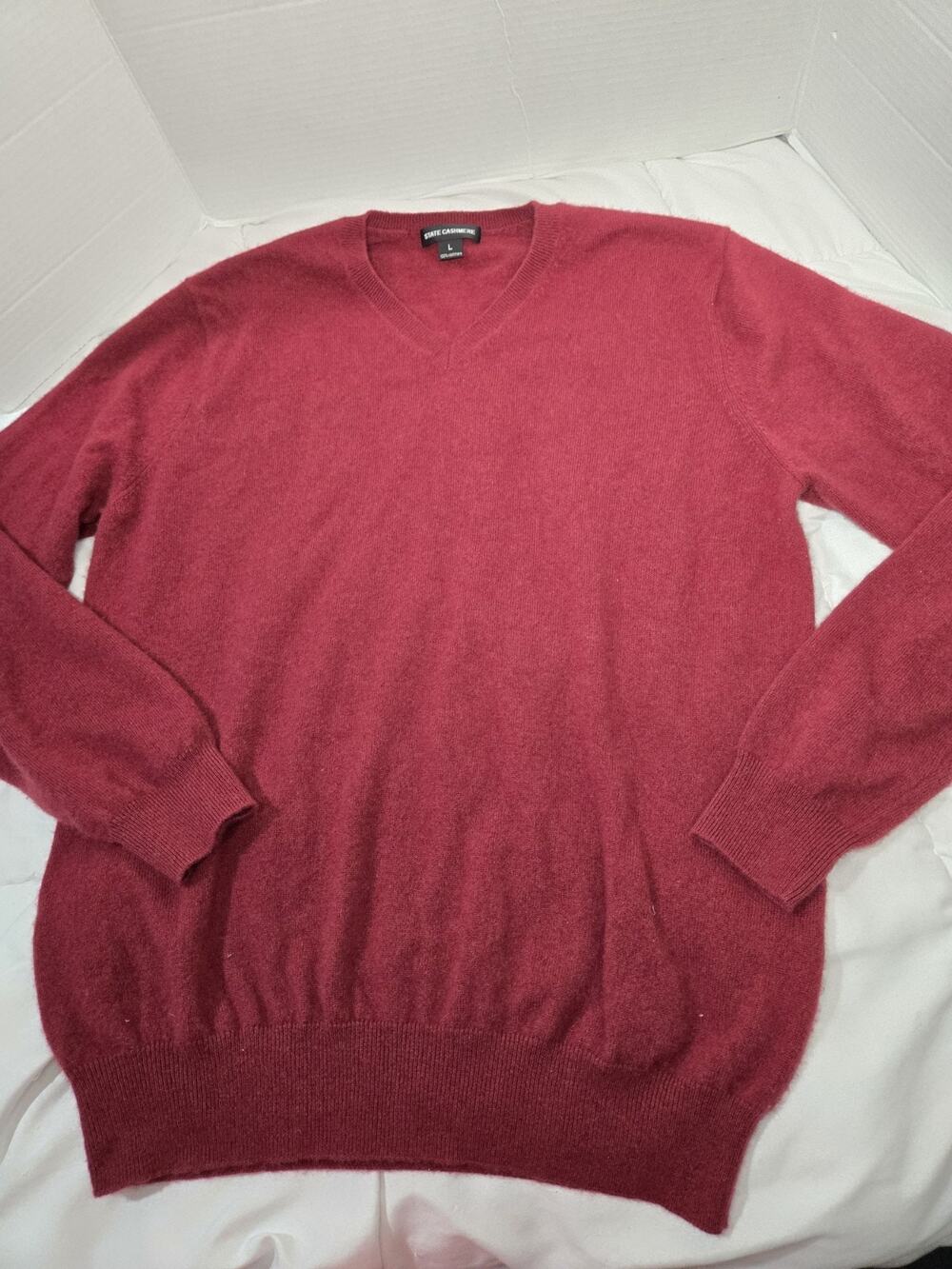 State Pure Luxe 100% Cashmere Size L Unisex Sweater Red Burgundy Coastal Relaxed